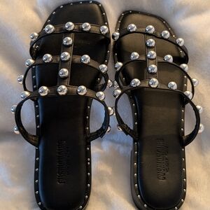 Ventura Coushionaire Black Studded Multi-Strap Slide Sandals 9M